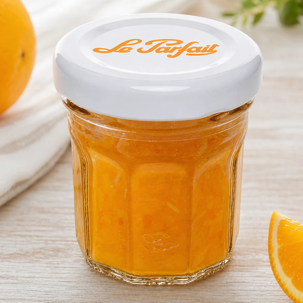 44ml Mini-Sturzglas "Jam" mit Schraubdeckel Le Parfait® Le Parfait Mini-Sturzglas 44ml mit Orangenmarmelade gefüllt und weißem Deckel neben frischen Orangenscheiben