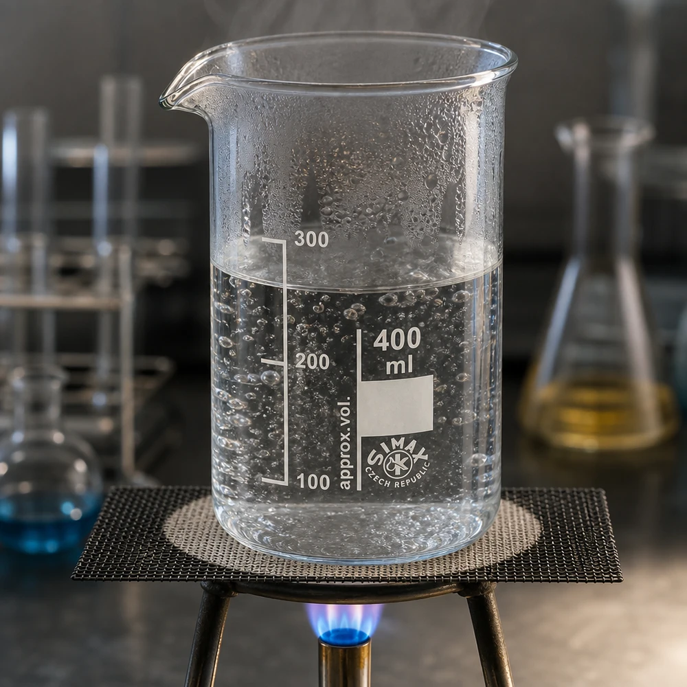 Kádinka 400ml borosilikátové sklo, vysoký tvar Zylindrisches 400ml Becherglas aus Borosilikatglas beim Erhitzen im Chemielabor