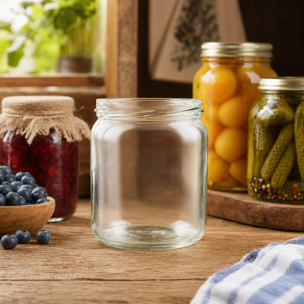 Kulatá sklenice o objemu 408 ml bez víčka (TO82) UNiTWIST UNiTWIST Runda408 leeres Rundglas 408ml TO82 in Küchenszenerie mit eingelegten Gurken und Früchten im Hintergrund