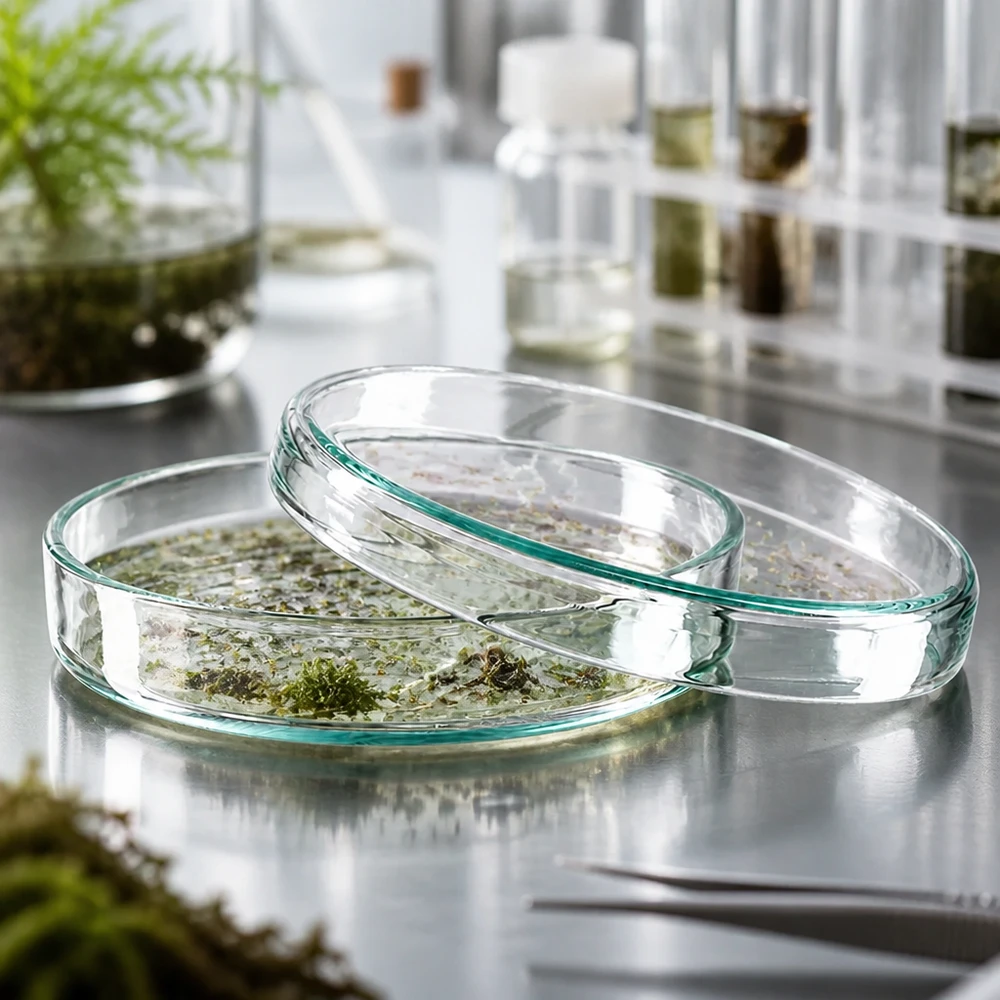 Petrischale Glas 80x15mm mit organischen Pflanzenproben umgeben von Laborzubehör und Erlenmeyerkolben