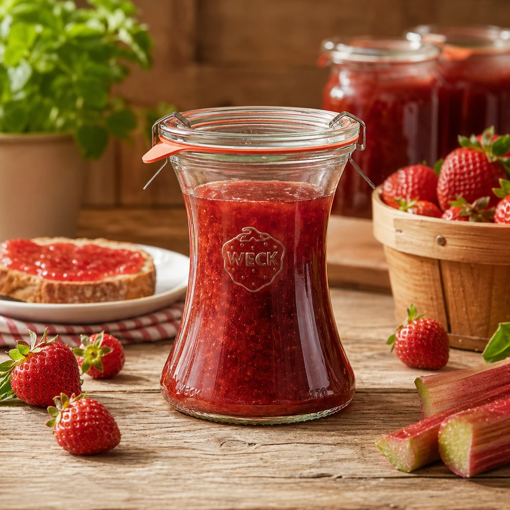 WECK Einmachglas 370ml mit Erdbeermarmelade gefüllt Anwendungsbeispiel für Konfitüre und Marmelade einkochen