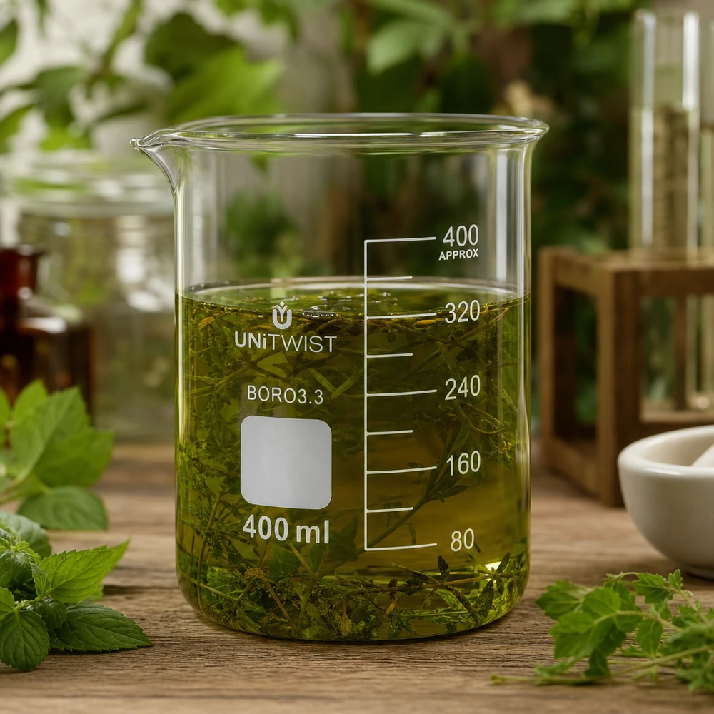 Kádinka 400 ml borosilikátová, nízká forma UNiTWIST Klares Becherglas 400ml mit grünem Heilkräuteröl und frischen Pflanzen auf Holzunterlage