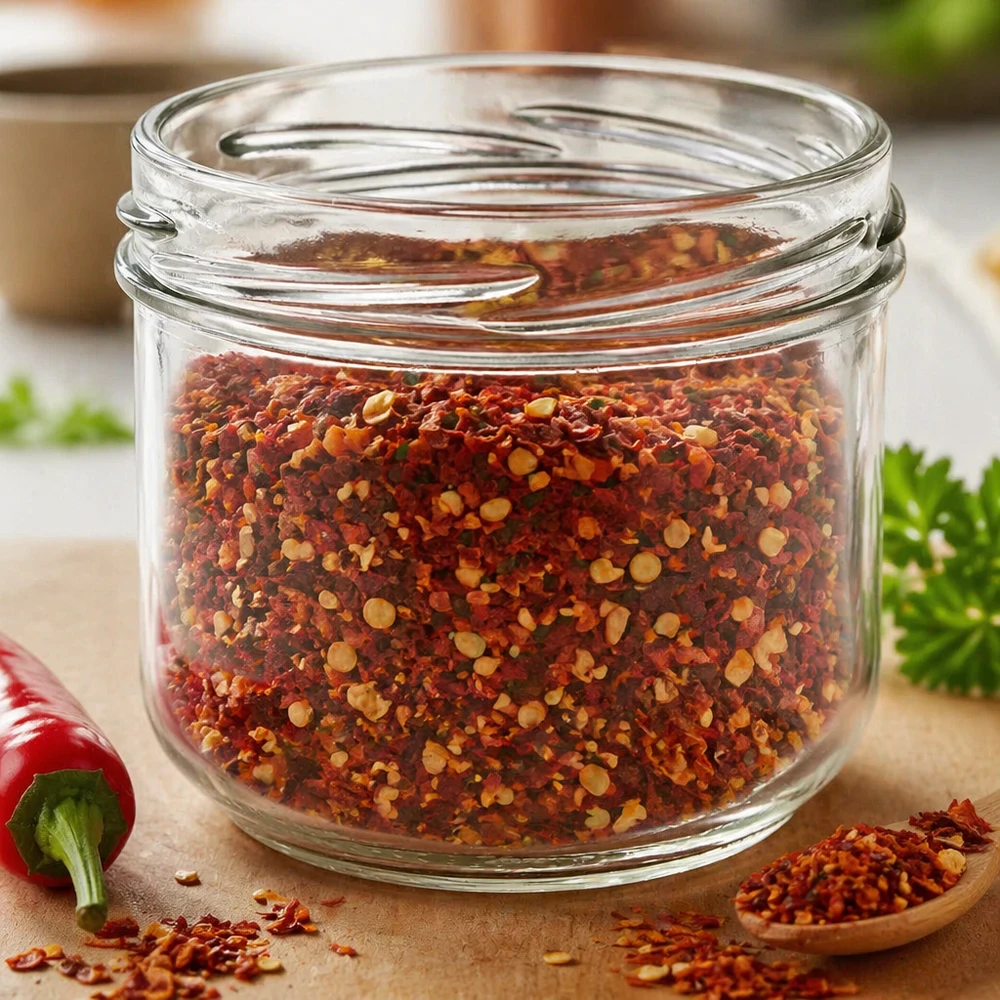 Sklenice o objemu 260 ml bez víčka (TO82) UNiTWIST UNiTWIST Sturz260 Rundglas 260ml TO82 mit Chili-Gewürzmischung gefüllt auf Holzbrett mit Kräutern