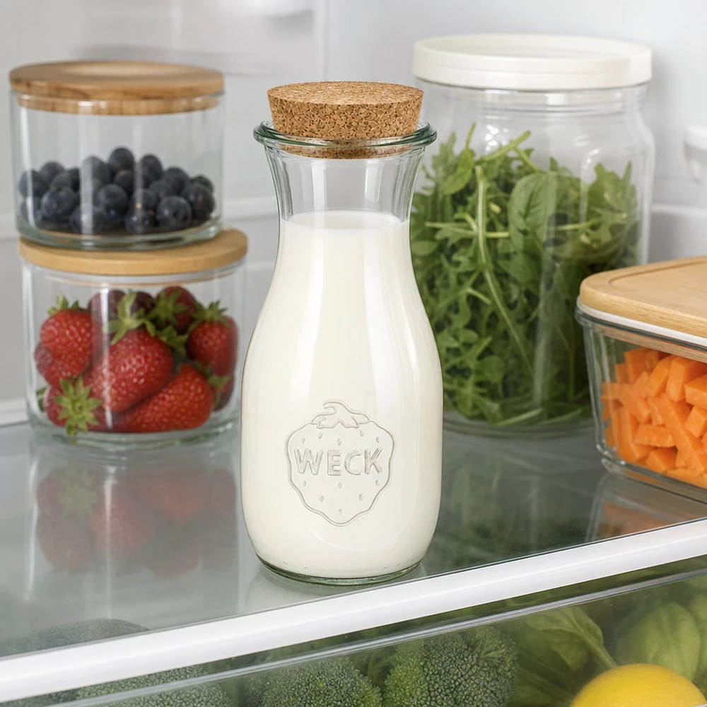530ml láhev na džus WECK RR60 s korkem přírodní WECK Saftflasche 530ml mit Milch gefüllt im Kühlschrank neben Vorratsgläsern mit Beeren Salat und Gemüse