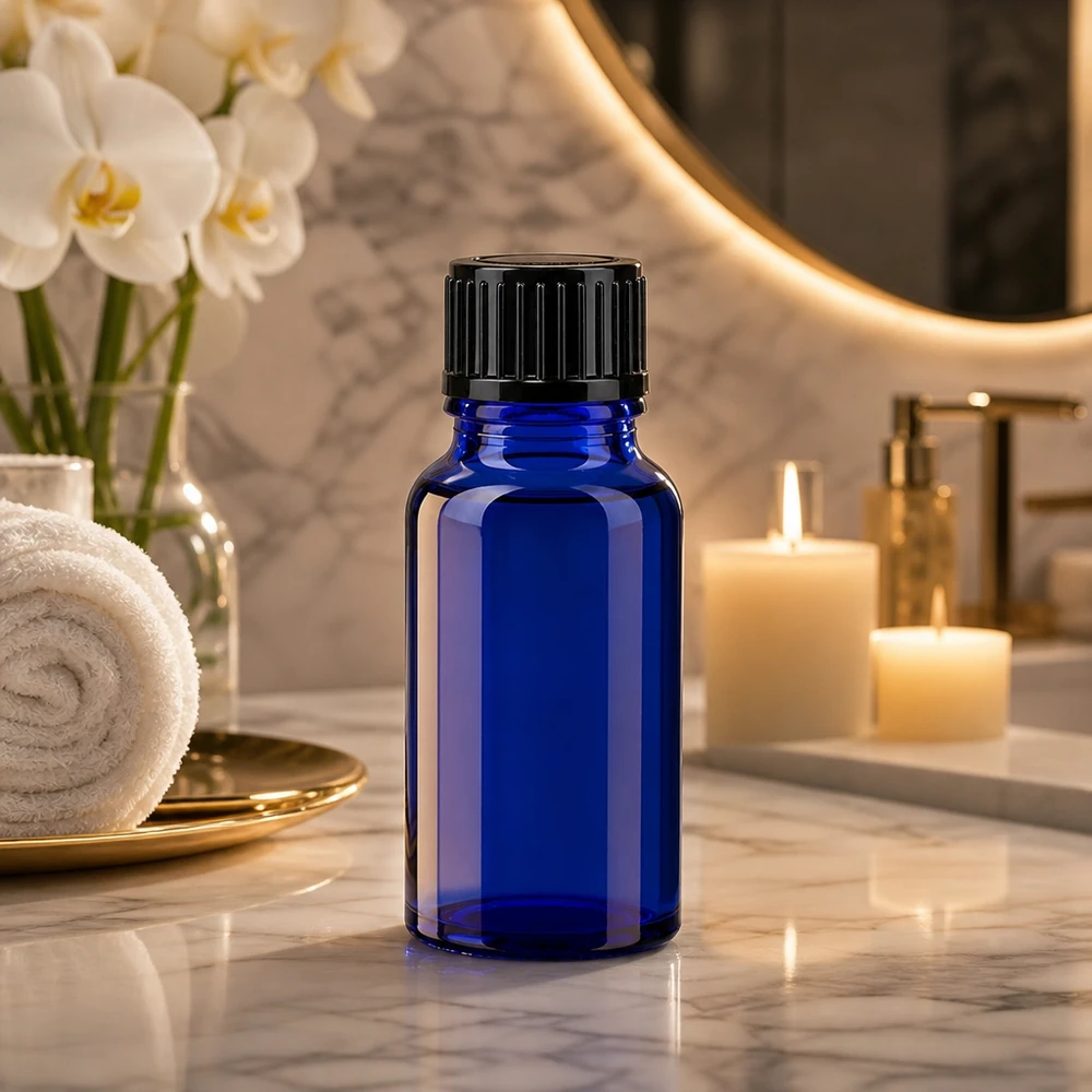 Lékárenská láhev modrá 10ml šroubovací uzávěr černý standardní UV-Schutz Apothekerflasche 10ml blau mit schwarzem Standardverschluss 11mm