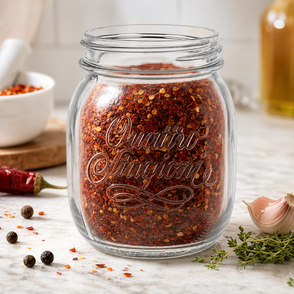 700ml kulatá zavařovací sklenice "Quattro Stagioni" QS86mm 700ml Quattro Stagioni Haushaltsglas mit Chili-Gewürzmischung gefüllt auf Küchenarbeitsplatte mit Kräutern und Knoblauch