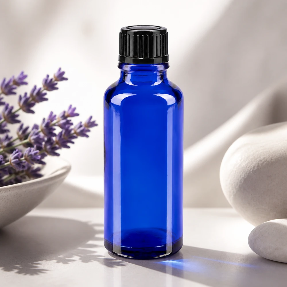 Lékárenská láhev modrá 30ml kapací uzávěr 1mm černý standardní Kobaltblaue Medizinflasche 30ml mit 1mm Tropföffnung ideal für Tinktur und Naturkosmetik