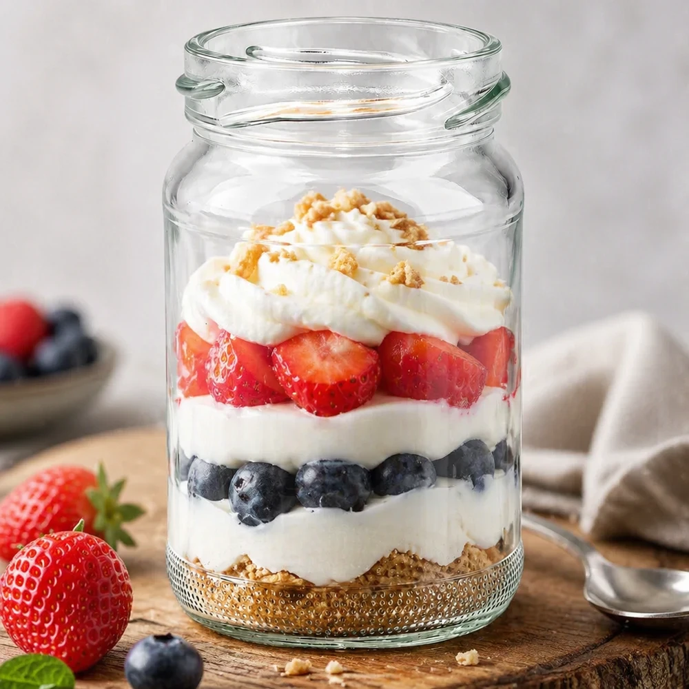 Kulatá sklenice o objemu 110 ml bez víčka (TO48) UNiTWIST UNiTWIST Runda110 Rundglas 110ml TO48 mit Schichtdessert aus Beeren Joghurt und Streuseln gefüllt auf Holztisch
