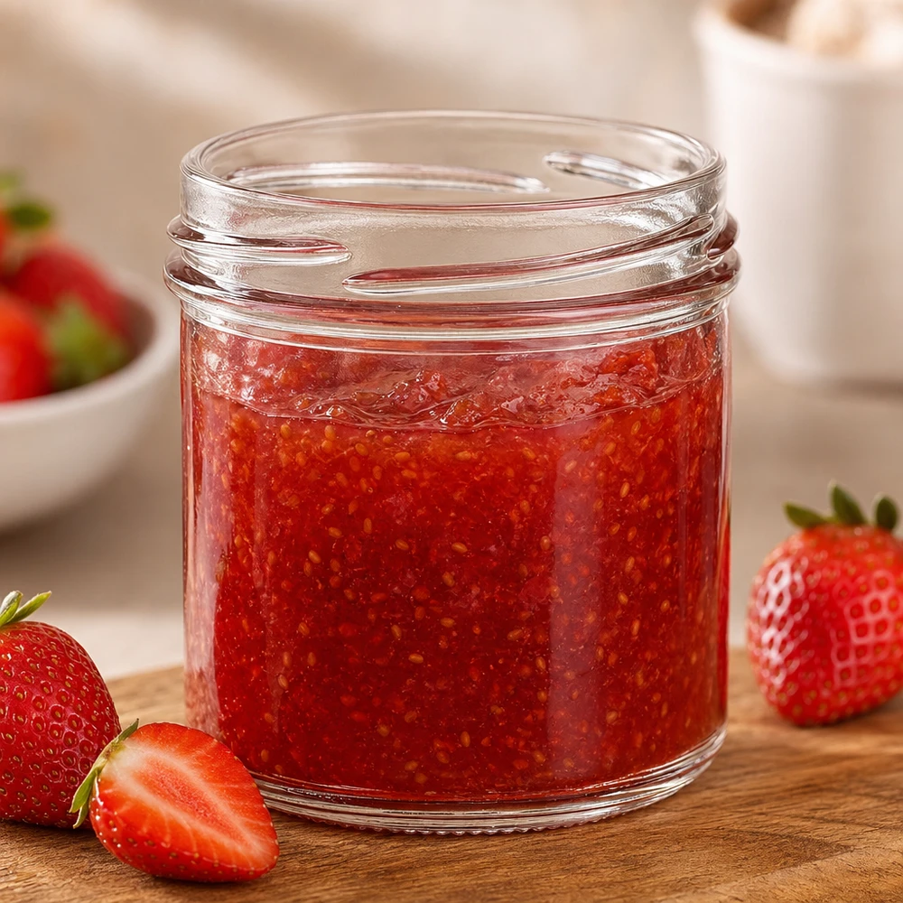 Tumbler o objemu 167 ml bez víčka (TO66) UNiTWIST UNiTWIST Sturz167 Sturzglas 167ml TO66 mit Erdbeermarmelade gefüllt auf Holzbrett mit frischen Erdbeeren
