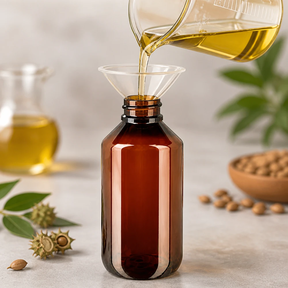 PET láhev 200ml se standardním bílým uzávěrem s pojistkou proti manipulaci Hnědá PET láhev o objemu 200 ml s nálevkou při plnění žlutým rostlinným olejem