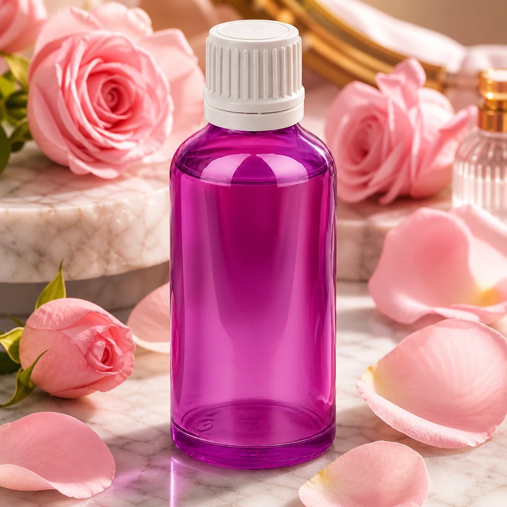 50ml láhev s 11mm šroubovacím uzávěrem bílá Originality šroubovací uzávěr PurpleLine UT18/50 Elegante 50ml PurpleLine Glasflasche mit weißem Verschluss für hochwertige Beautyprodukte
