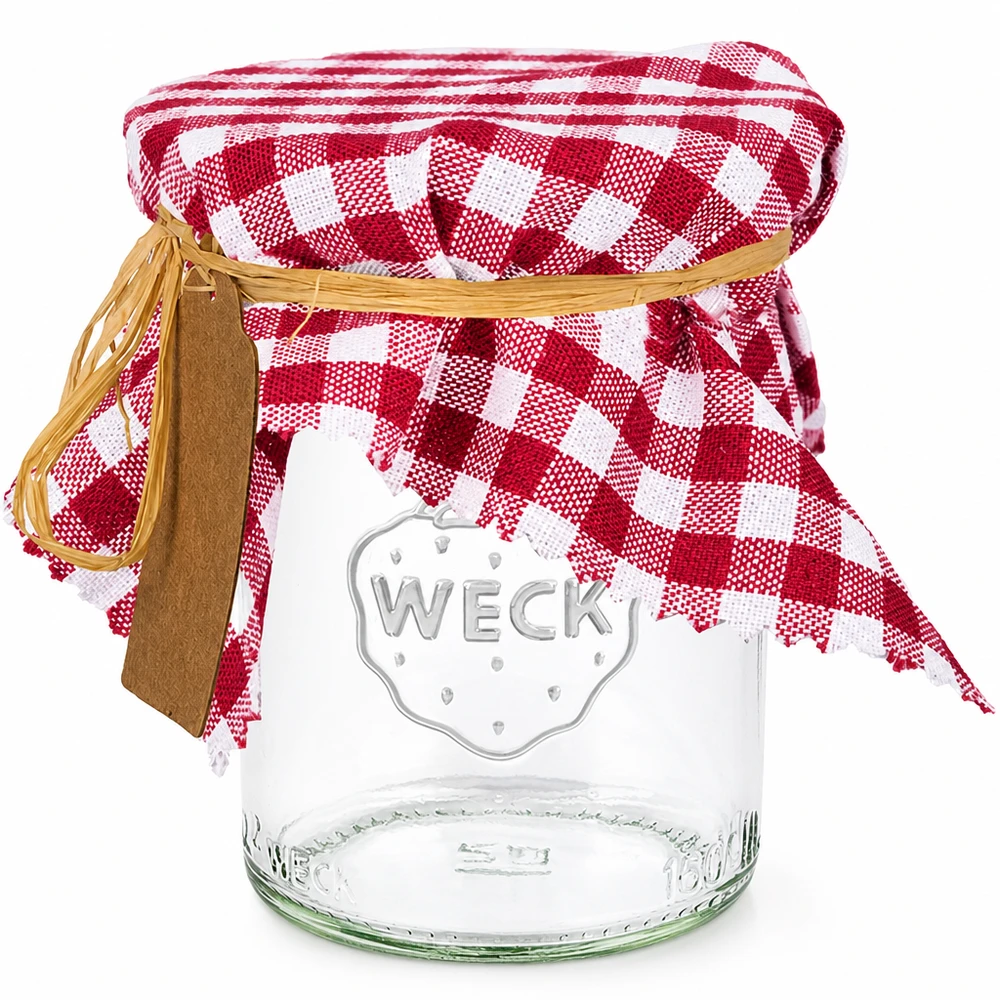 Látkový ubrousek na šperky bordó kostkovaný 15cm čtvercový Weck-Einmachglas mit rot-weiß kariertem Stoffdeckchen und Raffiabast als Verschluss-Dekoration