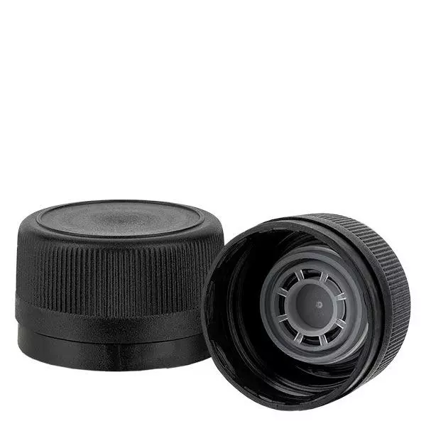 Šroubovací uzávěr polypropylen 31,5 mm černý nalévací. Uzávěr s ochranou proti neoprávněné manipulaci Šroubovací uzávěr polypropylen 31,5 mm černý nalévací. Uzávěr s ochranou proti neoprávněné manipulaci