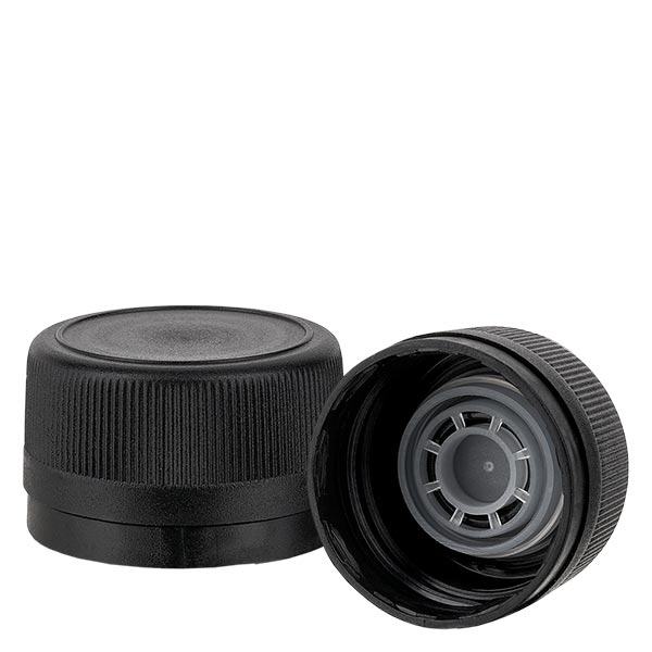 Šroubovací uzávěr polypropylen 31,5 mm černý nalévací. Uzávěr s ochranou proti neoprávněné manipulaci Šroubovací uzávěr polypropylen 31,5 mm černý nalévací. Uzávěr s ochranou proti neoprávněné manipulaci