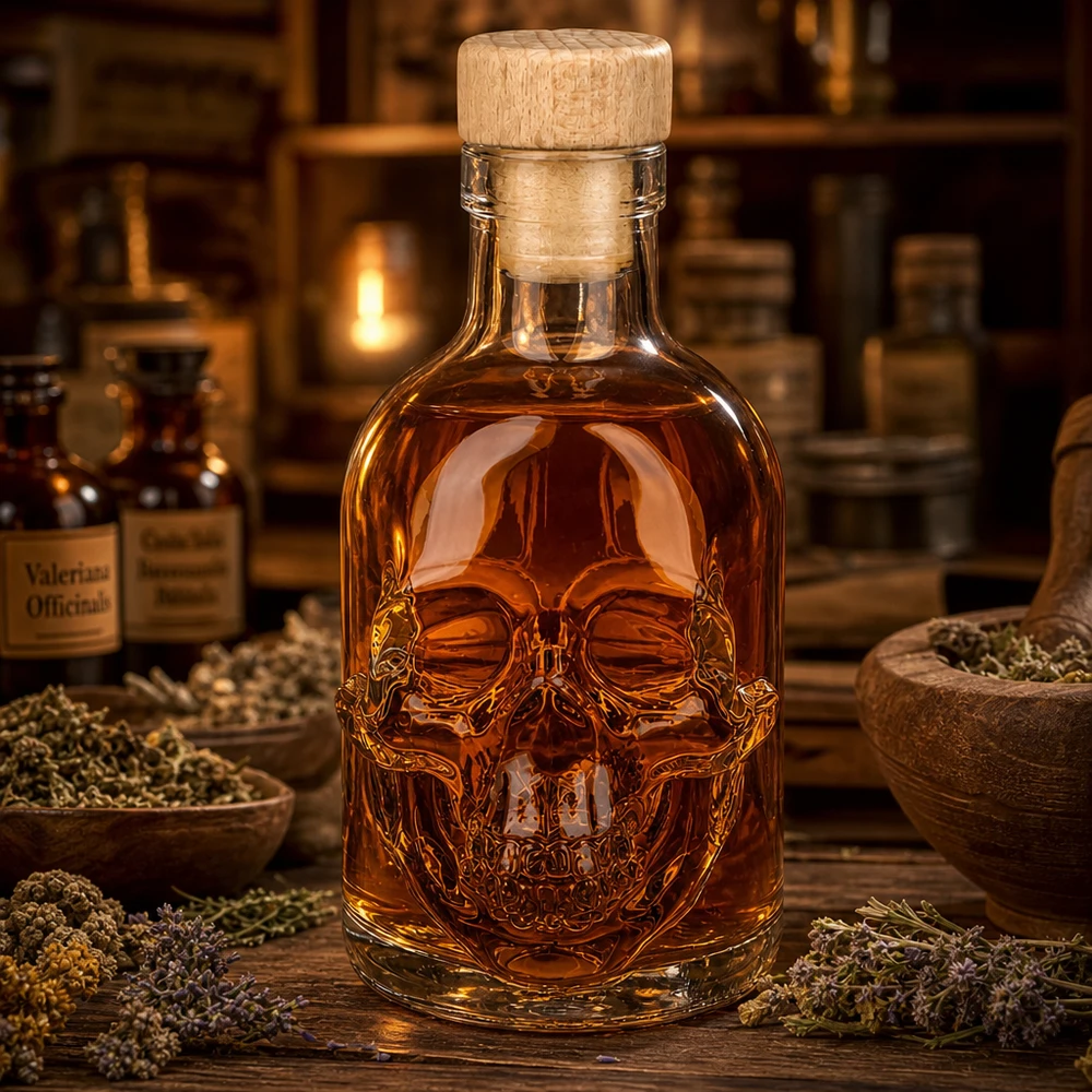 200ml Glasflasche "Jack" mit Holzgriff-Korken UNiTWIST Apotheker-Ambiente mit 200ml Totenkopf-Glasflasche Jack, Kräutern und bernsteinfarbener Flüssigkeit auf Holztisch