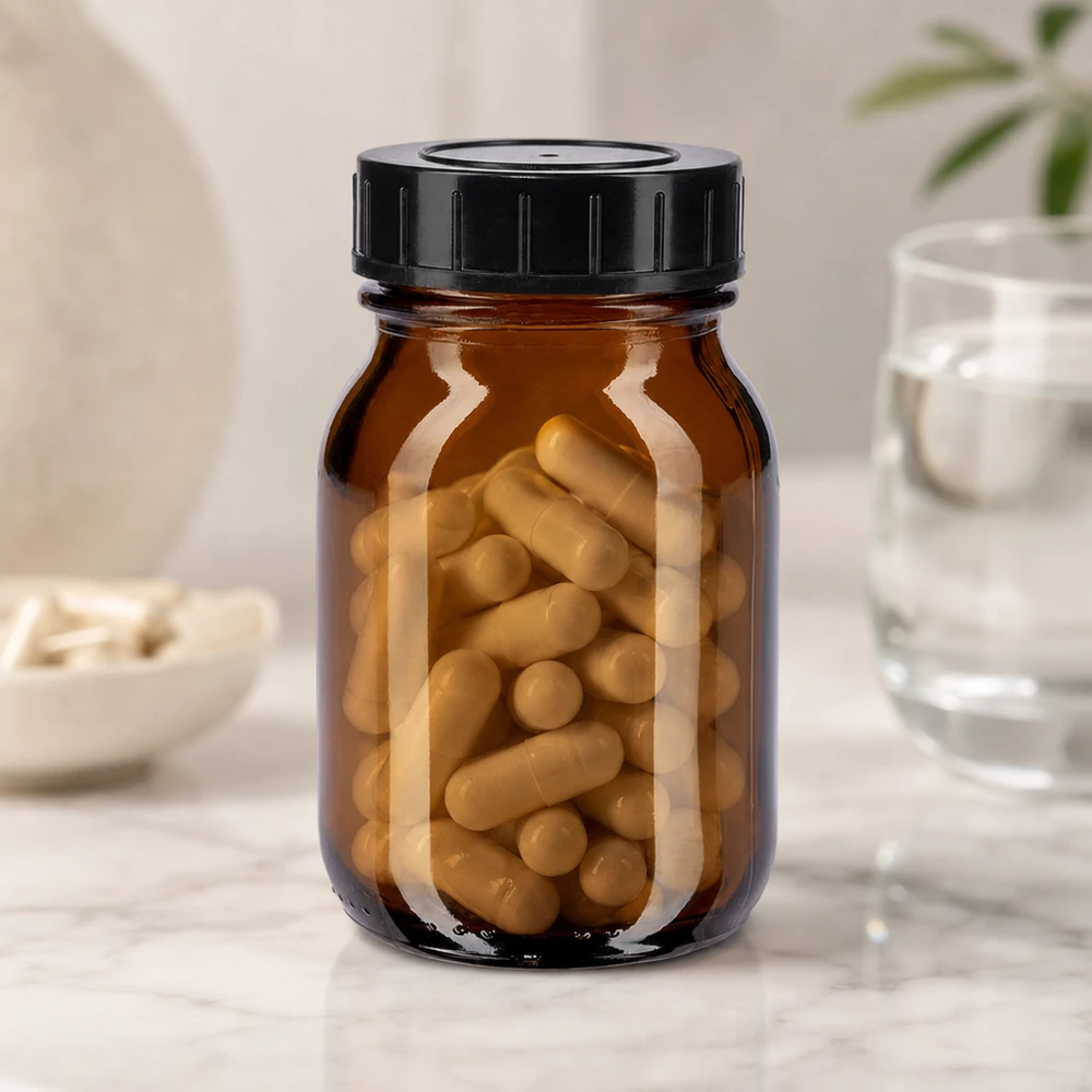 75ml láhev se širokým hrdlem z jantarového skla se šroubovacím uzávěrem. Vielseitige Weithalsflasche 75ml Braunglas mit schwarzem Verschluss für Labor und Küche