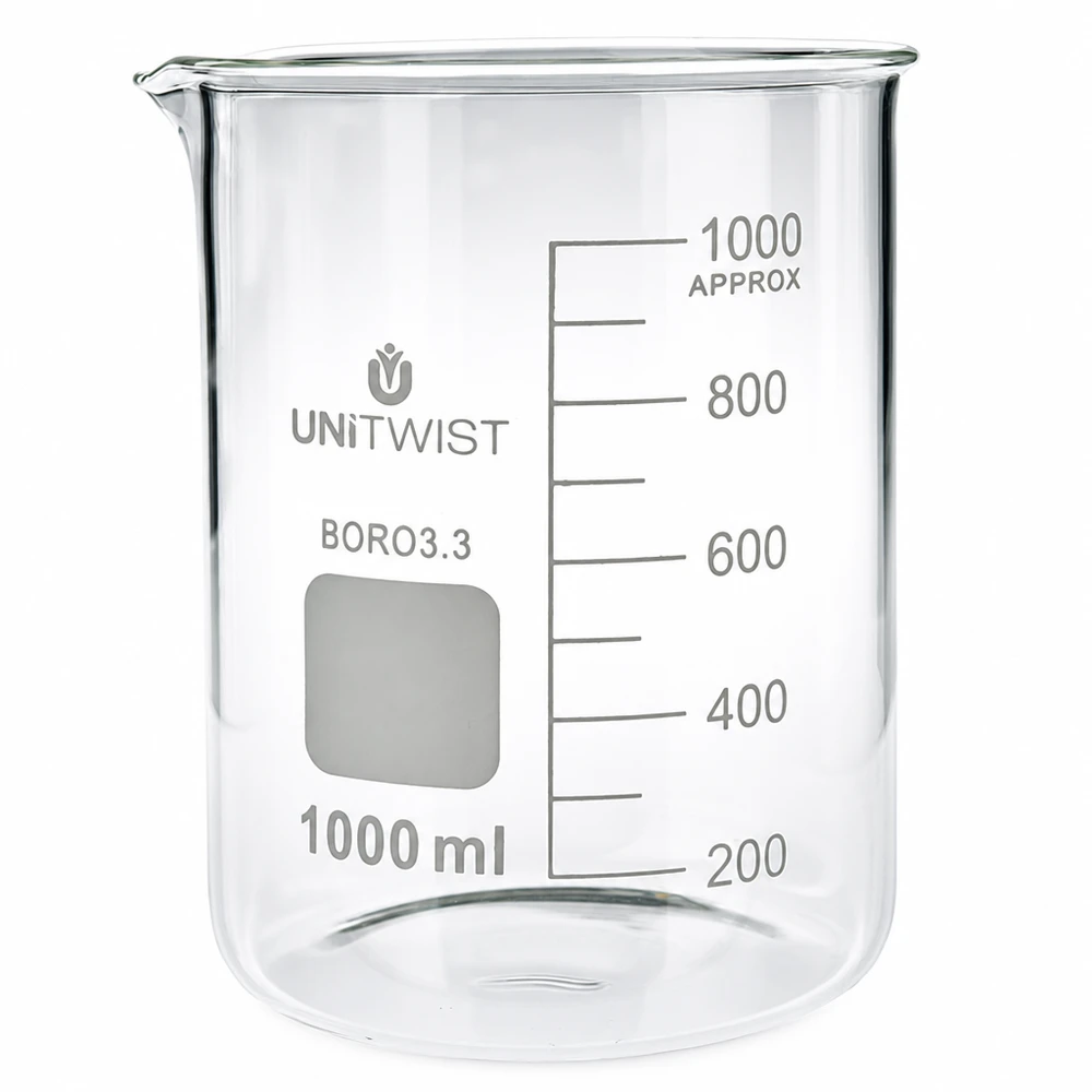 Kádinka 1000 ml borosilikátová, nízká forma UNiTWIST UNiTWIST 1000ml Laborbecherglas niedrige Form aus Borosilikat 3.3 bruchfestes Glas