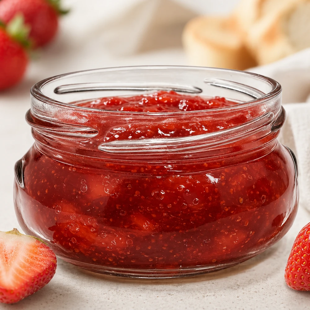 Dóza na terinu 120ml bez víčka (TO70) UNiTWIST UNiTWIST Terrina120 Terrinenglas 120ml TO70 mit roter Erdbeermarmelade gefüllt neben frischen Erdbeeren