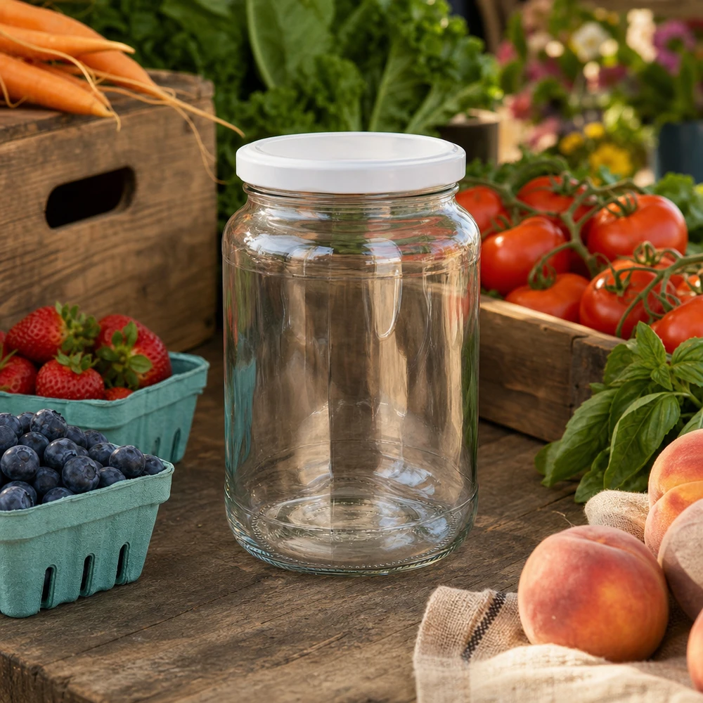 1700ml Rundglas BasicSeal weiß auf Marktstand mit frischen Tomaten Erdbeeren Pfirsichen zeigt Vielseitigkeit