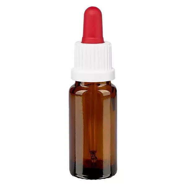 Lékárenská láhev hnědá 10ml s pipetou bílý/červený uzávěr s bezpečnostní pojistkou proti manipulaci.
