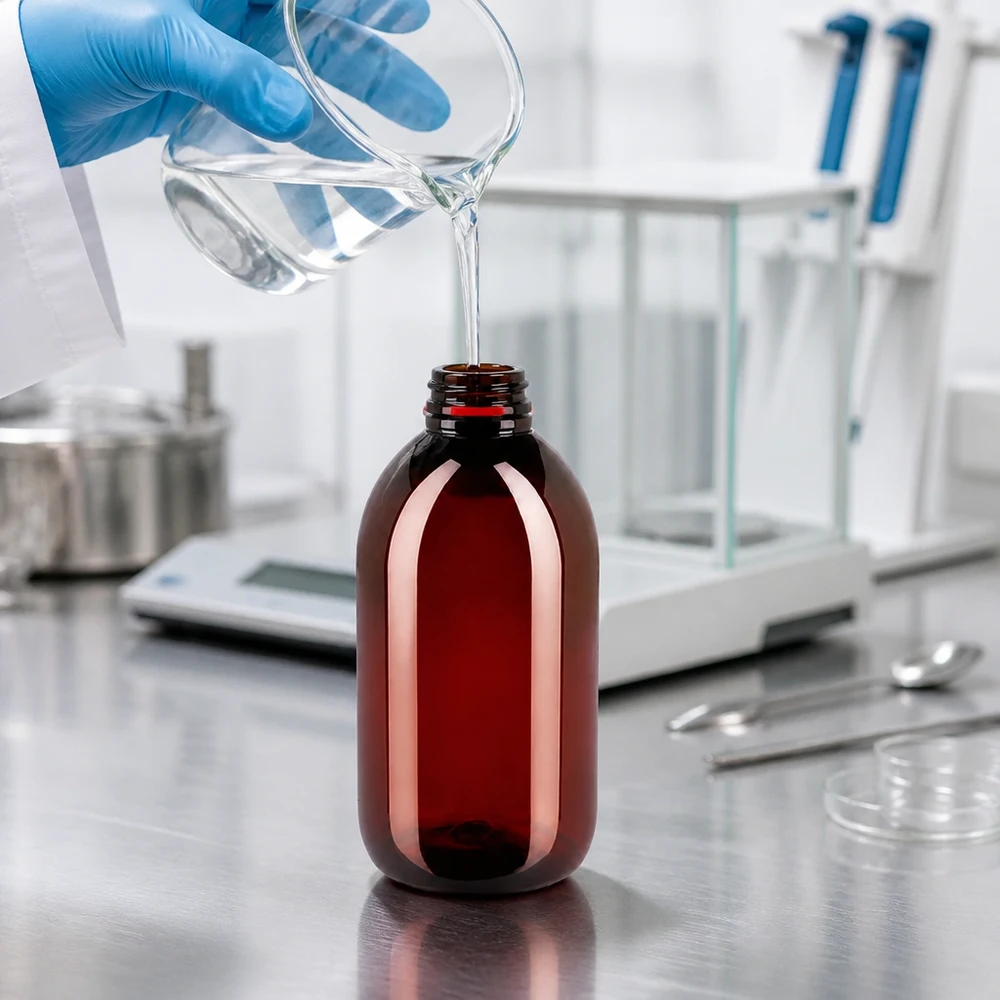 Jantarově zbarvená PET láhev o objemu 250 ml s originálním obalem při plnění čirou kapalinou ve farmaceutickém závodě
