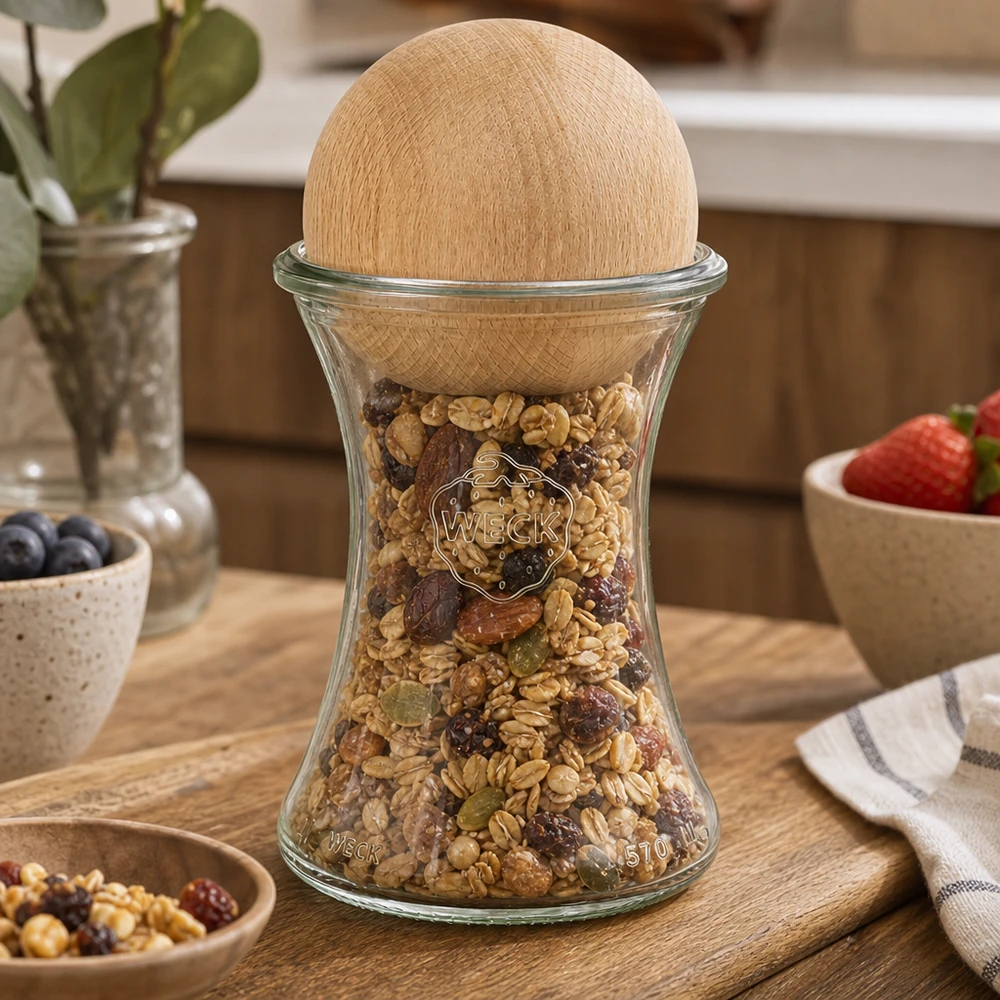 370ml sklenice na lahůdky WECK RR80 s dřevěnou kuličkou buk WECK Vorratsglas 370ml mit Buchenholzkugel gefüllt mit Müsli Nüssen auf Holzbrett Küchendeko stylisch