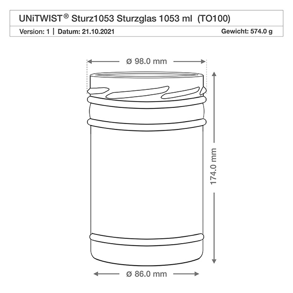 Nádobky o objemu 1053 ml bez víčka (TO100) UNiTWIST UNiTWIST Sturzglas 1053ml TO100 technische Zeichnung mit Maßangaben Durchmesser 98mm Höhe 174mm Gewicht 574g