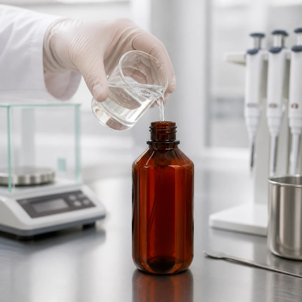 Laborant v latexových rukavicích plní 200ml hnědou skleněnou lahvičku čirou kapalinou z kádinky