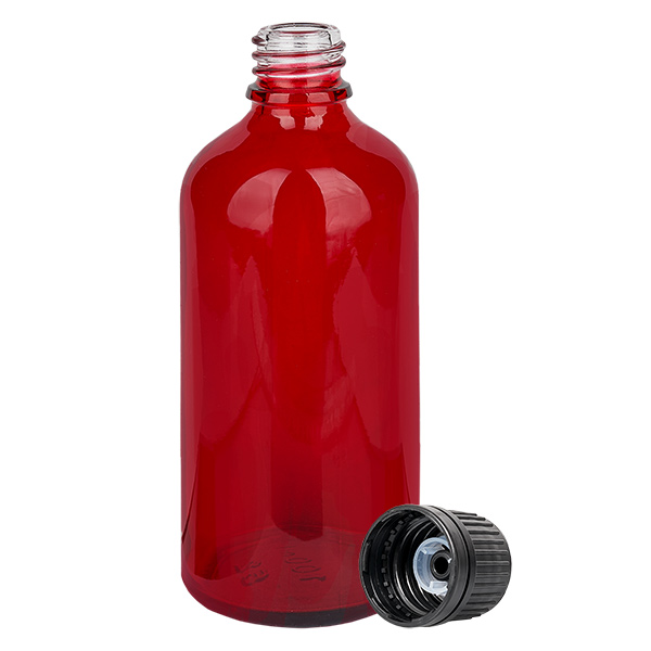 Láhev 100ml globule 8mm nalévací kroužek černý uzávěr s ochranou proti manipulaci RedL. UT18/100 Láhev 100ml globule 8mm nalévací kroužek černý uzávěr s ochranou proti manipulaci RedL. UT18/100