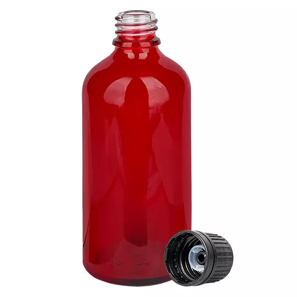 Láhev 100ml globule 8mm nalévací kroužek černý uzávěr s ochranou proti manipulaci RedL. UT18/100 Láhev 100ml globule 8mm nalévací kroužek černý uzávěr s ochranou proti manipulaci RedL. UT18/100