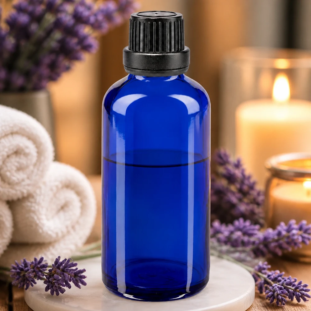 Lékárenská láhev modrá 50ml kapací uzávěr s nalévacím kroužkem 2mm černý uzávěr proti neoprávněné manipulaci. 50ml Tropfflasche aus blauem Borosilikatglas mit schwarzem Sicherheitsverschluss für Essenzen