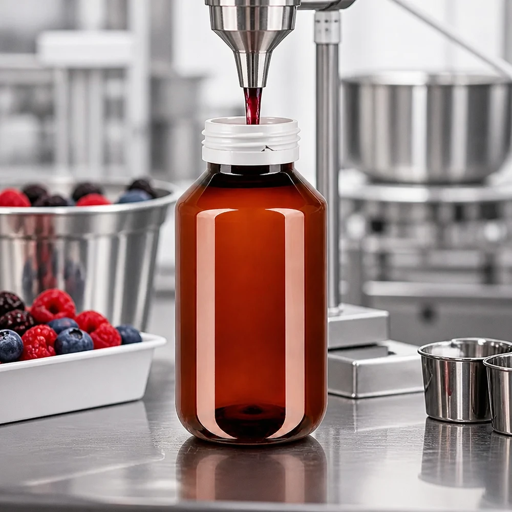 Hnědá PET láhev o objemu 50 ml se strojově plní červeným ovocným džusem