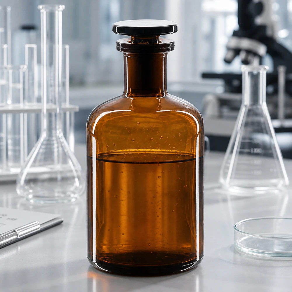 Láhev s kulatým ramenem 100ml hnědá s úzkým hrdlem skleněná zátka Reagenzflasche 100ml braun Enghals mit Glasstopfen zur sicheren Aufbewahrung im Labor