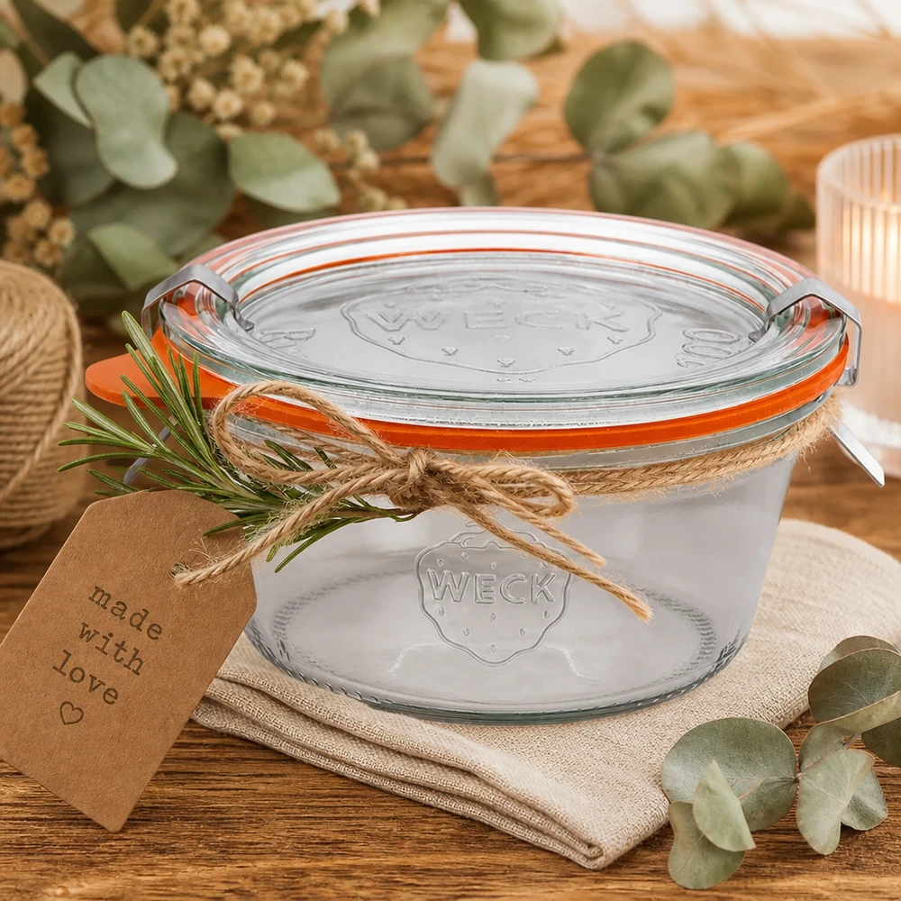 290ml nízká zavařovací sklenice s kompletním víkem WECK RR100 WECK Sturzglas 290ml RR100 als Geschenkidee mit Juteschnur Rosmarin und Made with Love Anhänger dekoriert