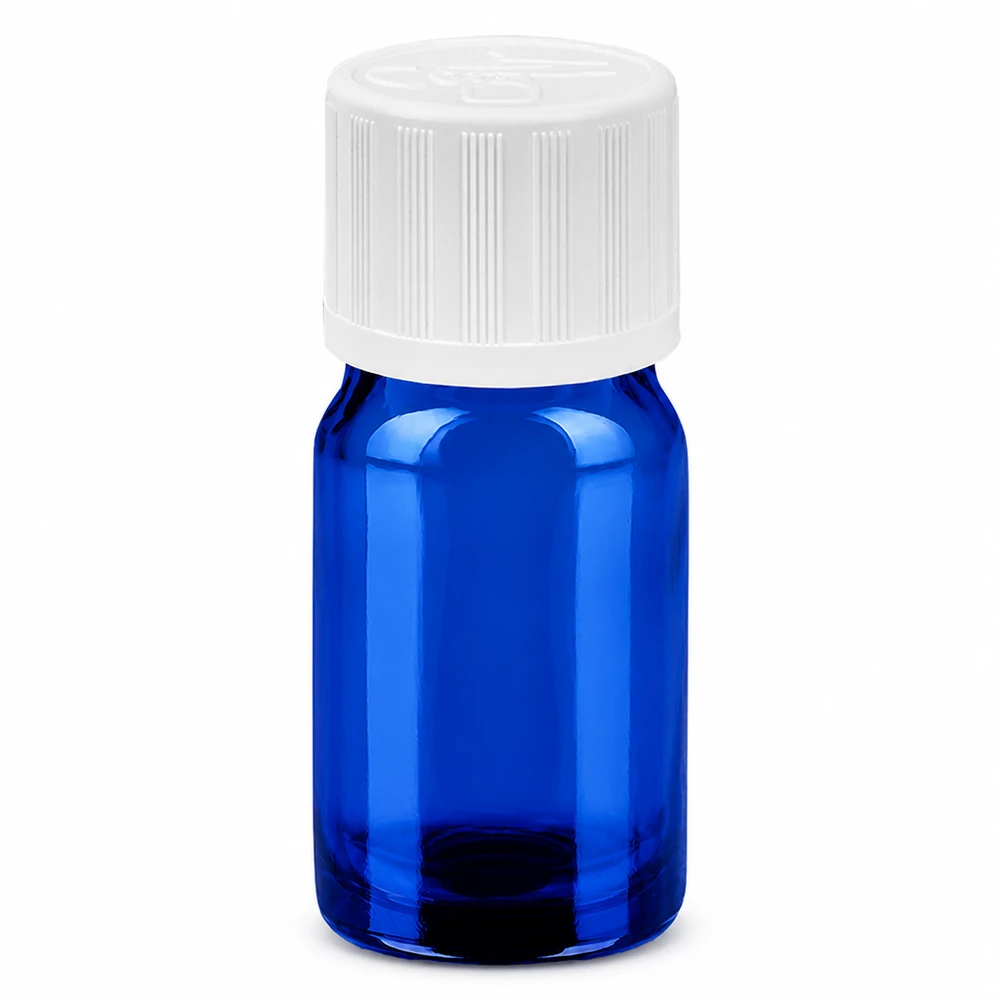 5ml lahvička 11mm šroubovací uzávěr bílý standardní dětská pojistka BlueLine UT18/5 Professionelle 5ml Glasflasche blau mit kindersicherem Verschluss für Labor und Industrie