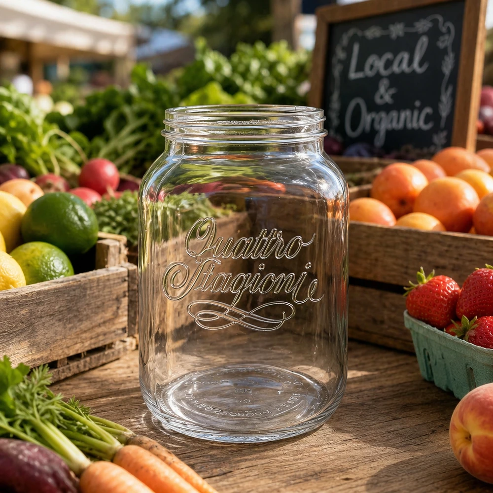 3000ml kulatá sklenice "Quattro Stagioni" QS110mm 3000ml Quattro Stagioni Haushaltsglas auf Holztisch mit frischem Obst und Gemüse vom Bauernmarkt