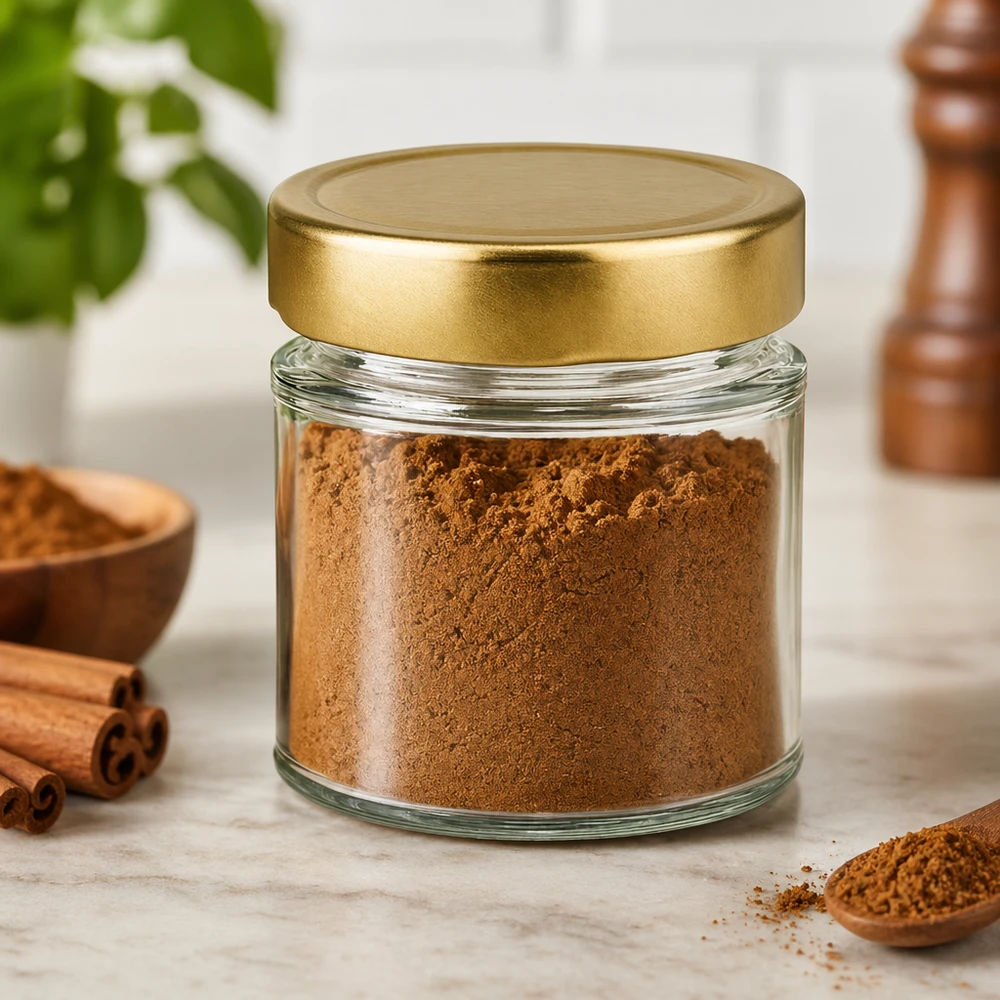 154ml kulatá sklenice s víčkem BasicSeal zlatá hluboká UNiTWIST 154ml Rundglas BasicSeal gold gefüllt mit braunem Pulver Zimt Gewürze Küchenszenerie Vorratsglas Aufbewahrung