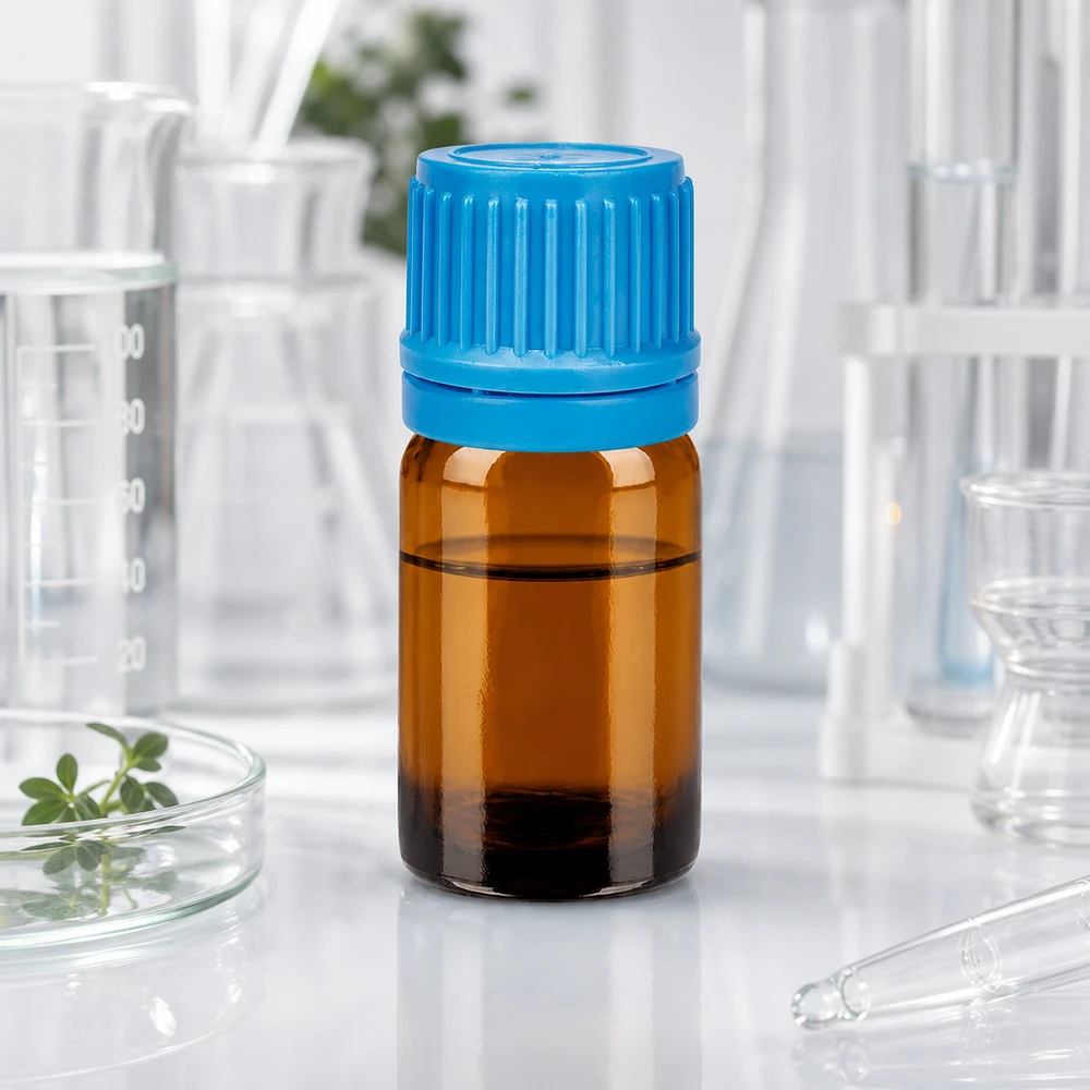 Präzise 5ml Laborflasche aus UV-schützendem Braunglas mit blauem 11mm Gewinde
