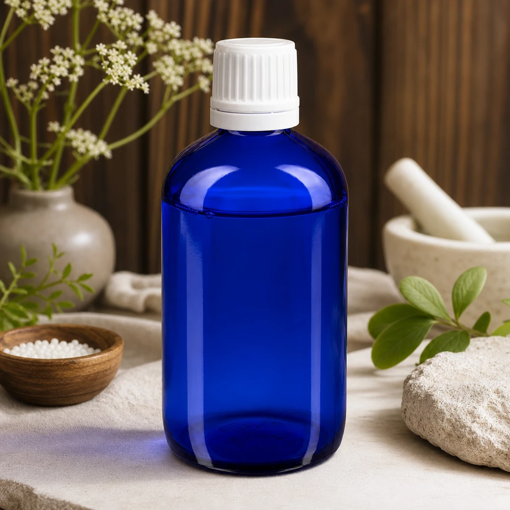 Lékárenská láhev modrá 20ml kapátko bílé uzávěr odolný proti dětem standardní 20ml Apothekerflasche Blauglas mit KiSi-Verschluss und Präzisionstropfer für ätherische Öle