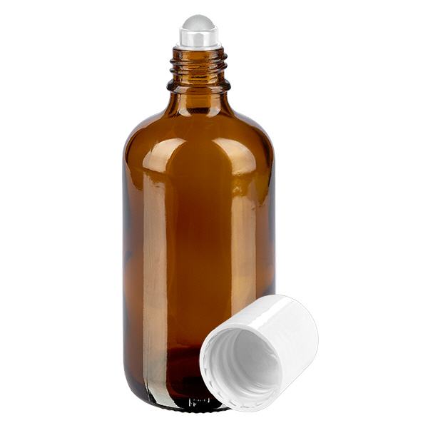 Lékárenská lahvička hnědá 100ml roll-on uzávěr bílý Lékárenská lahvička hnědá 100ml roll-on uzávěr bílý
