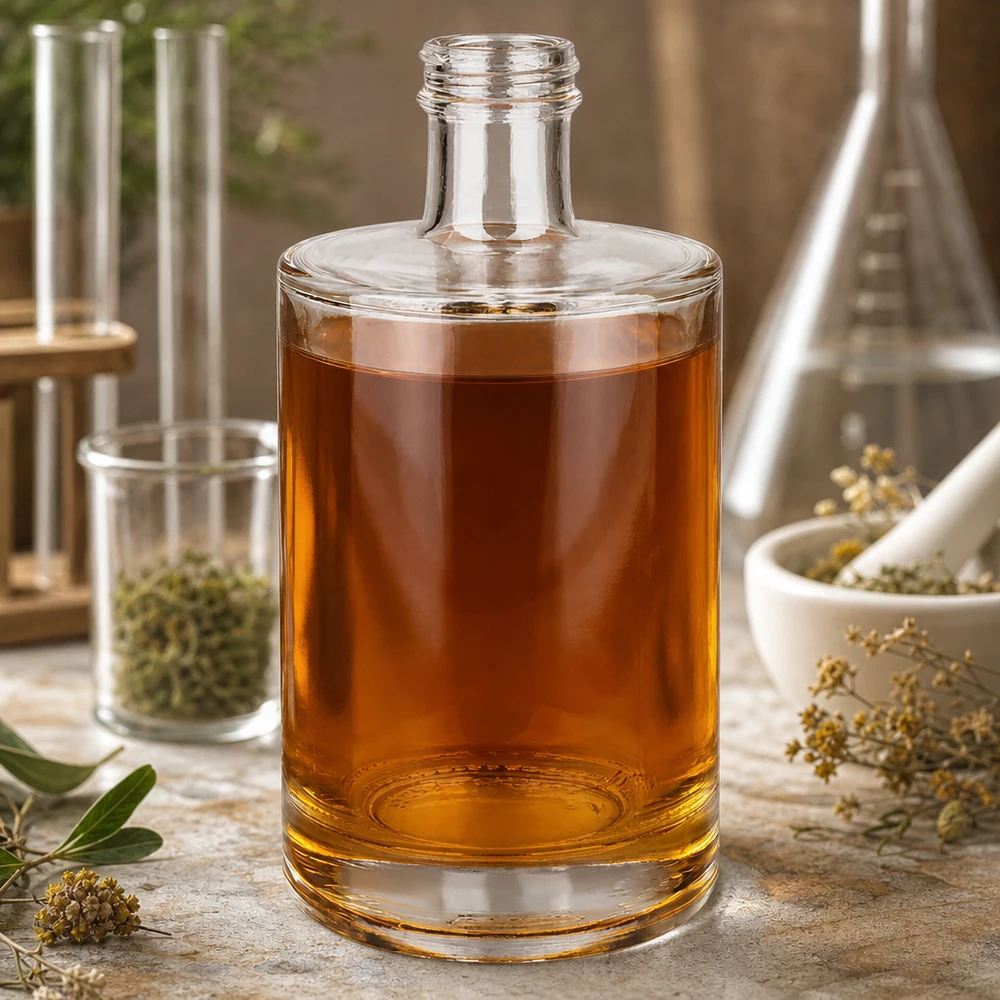 500ml Glasflasche "Sam" ohne Schraubverschluss UNiTWIST 500ml Glasflasche Sam mit bernsteinfarbener Flüssigkeit Labor-Atmosphäre Kräuter Mörser Reagenzgläser Apotheker-Stil