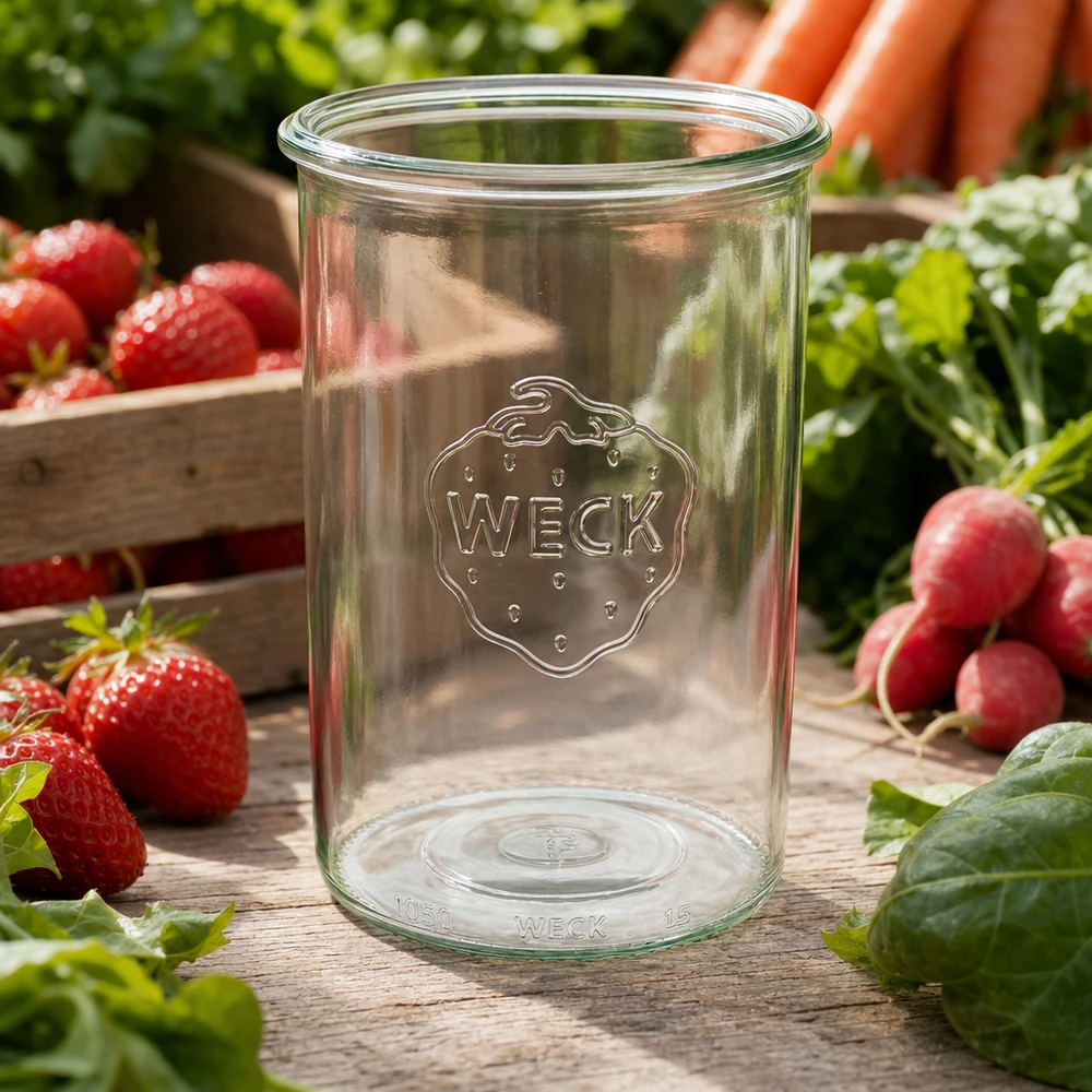 1000ml tumblery WECK RR100 s dřevěným dřevem - 1000ml tumblery WECK RR100 s dřevěným dřevem WECK Sturzglas 1000ml RR100 mit Logo auf Holztisch umgeben von frischen Erdbeeren Radieschen und Gemüse