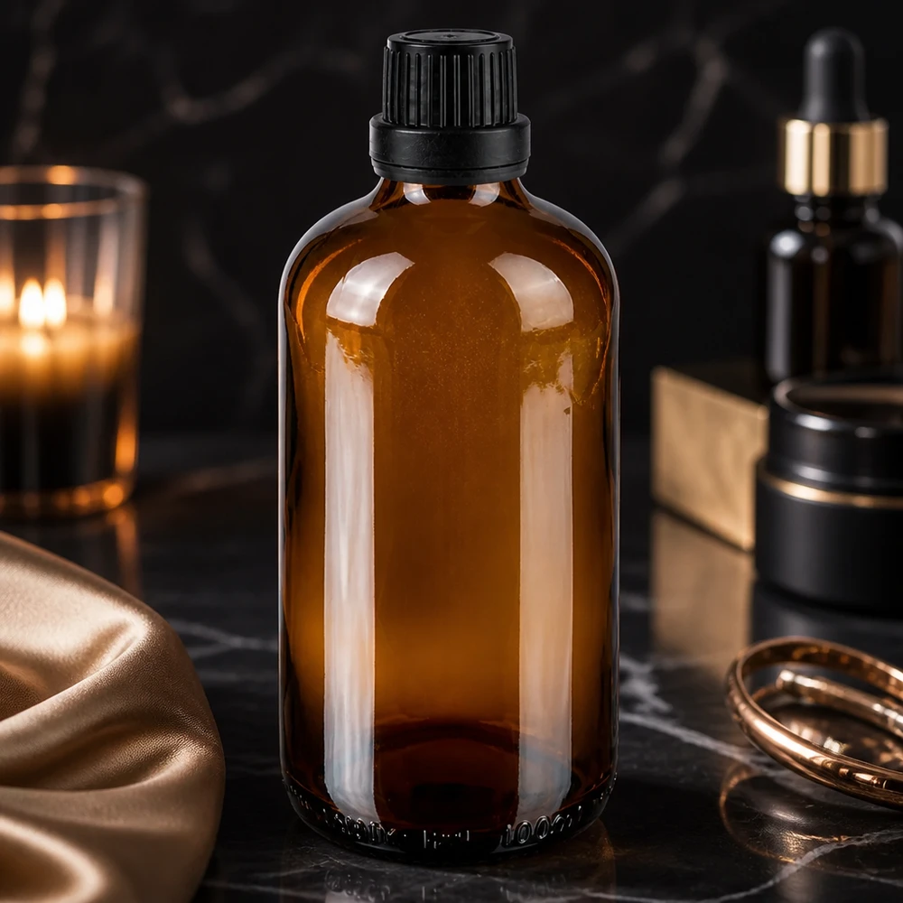 Lékárenská lahvička hnědá 100ml kapací uzávěr prémiový 2mm černý tamper-evidentní uzávěr. Elegante 100ml Glasflasche in Braun mit schwarzem Tropfverschluss auf dunklem Untergrund