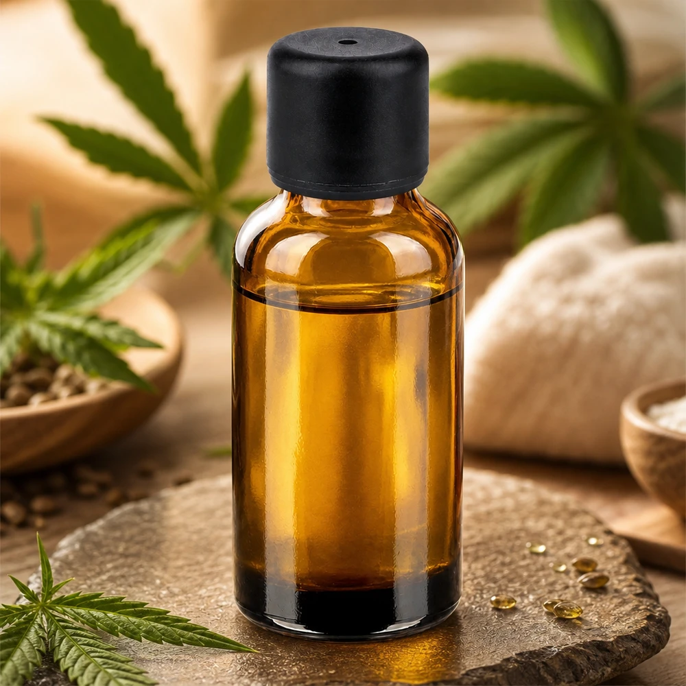 Praktische 30ml Glasflasche in Bernsteinfarbe mit schwarzem Deckel für mobile Nutzung
