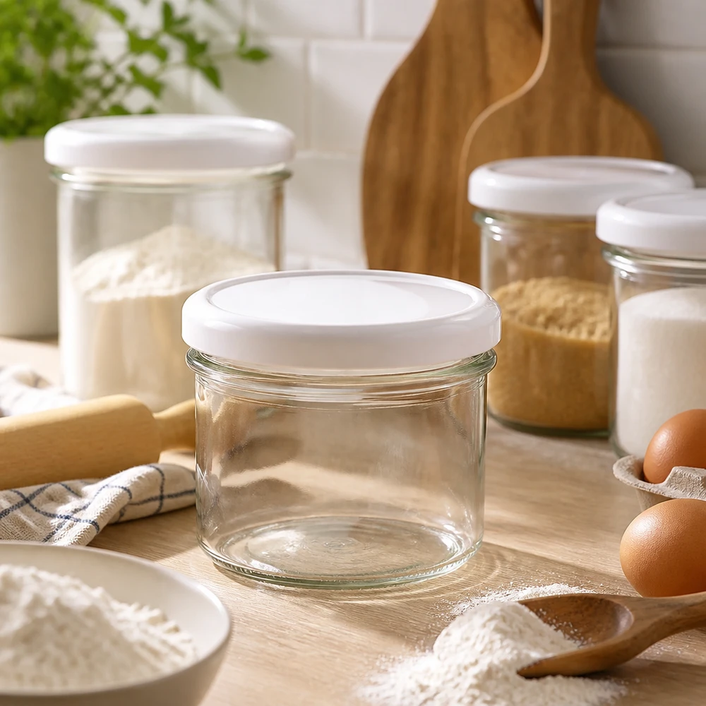 225ml Sturzglas leer mit BasicSeal Deckel in moderner Küche zwischen Vorratsgläsern und Backzutaten