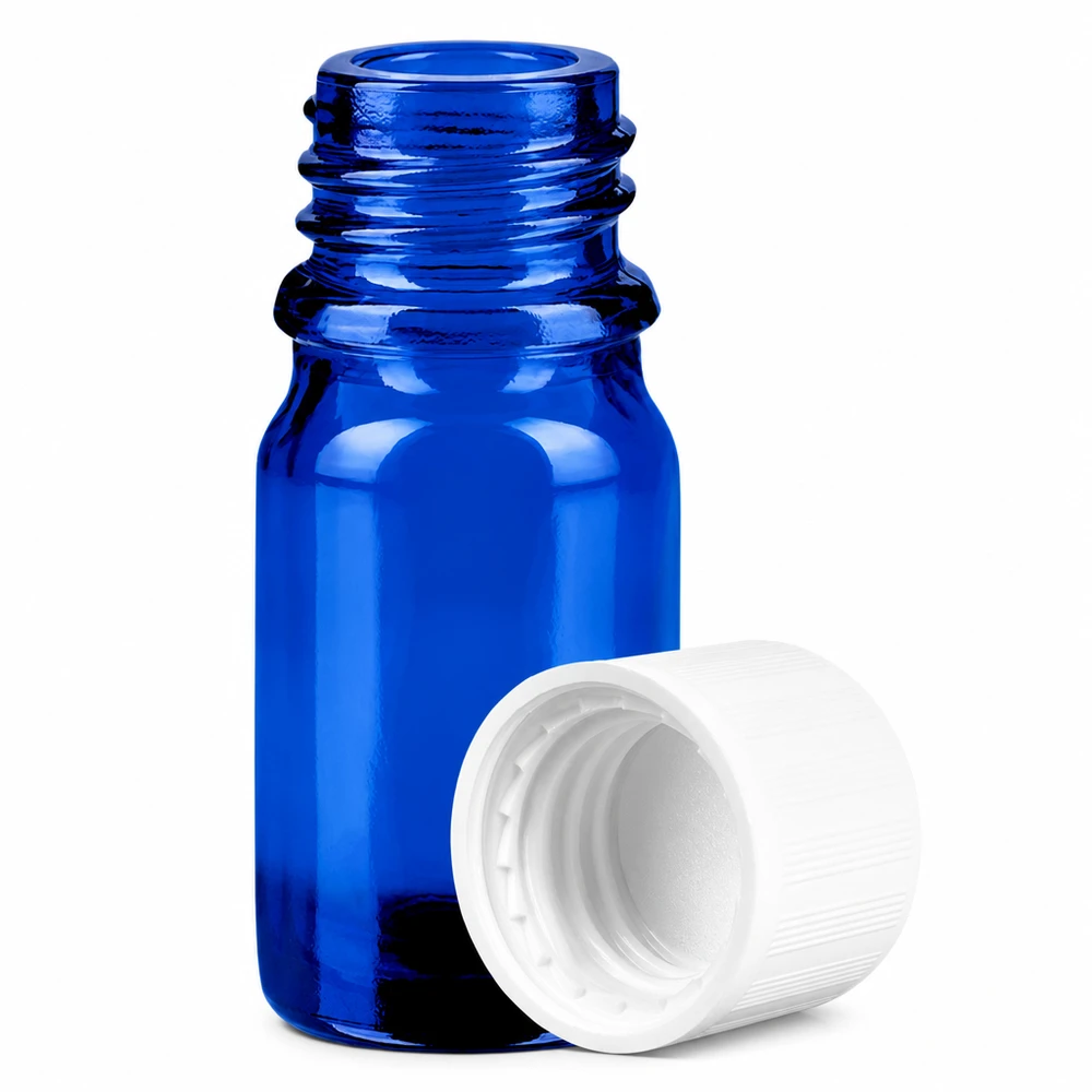 5ml lahvička 11mm šroubovací uzávěr bílý standardní dětská pojistka BlueLine UT18/5 5ml SV Flasche in elegantem Blau mit weißem Verschluss für zuverlässige Lagerung