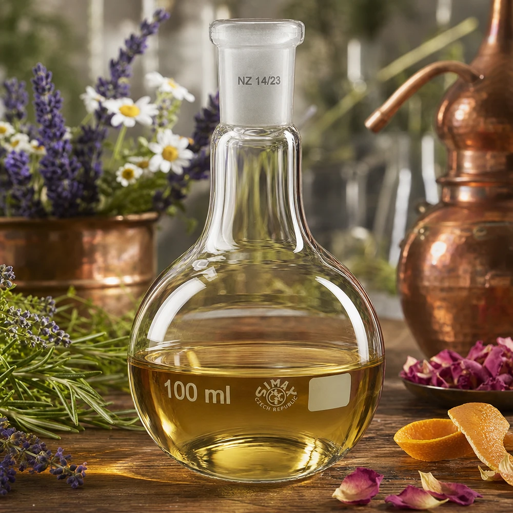 Baňka na kyčelní kloub 100 ml se standardním broušeným kloubem (14/23) Stehkolben 100ml für Kräuterextraktion mit Normschliff 14/23 und authentischer Laborausstattung