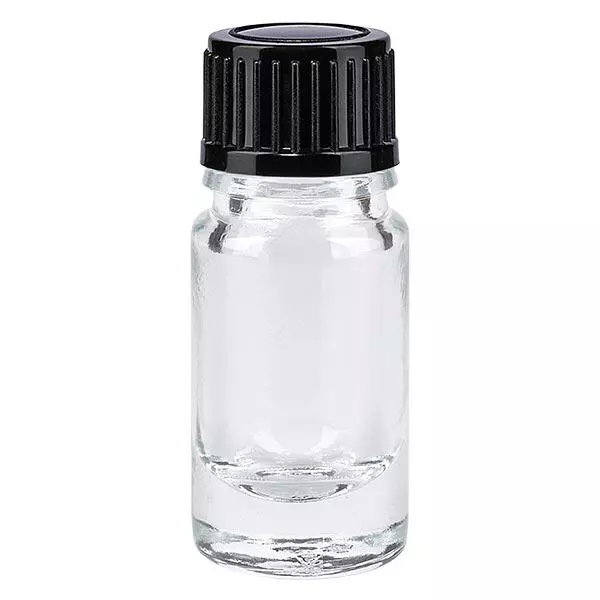 Lékárenská láhev čirá 5ml šroubovací uzávěr černý standardní Lékárenská láhev čirá 5ml šroubovací uzávěr černý standardní