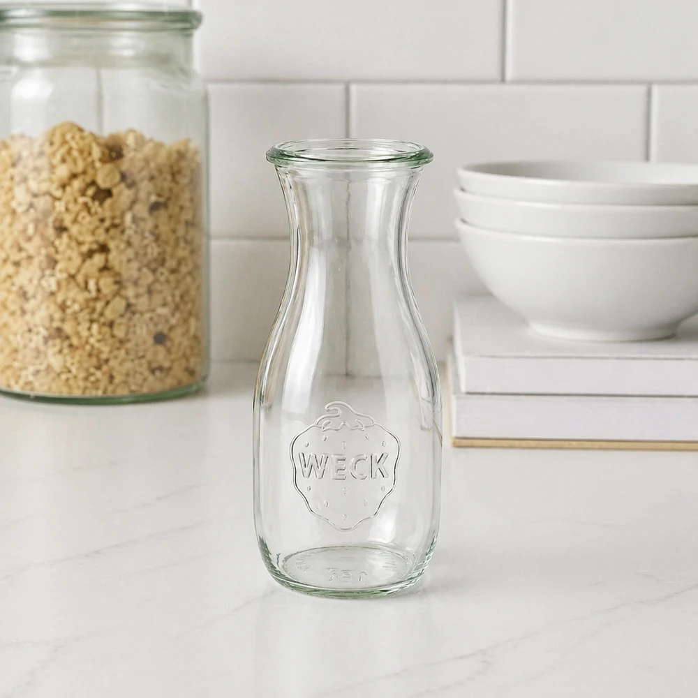 Leere WECK Saftflasche 530ml RR60 mit Erdbeer-Prägung in moderner weißer Küche neben Vorratsgläsern und Schalen