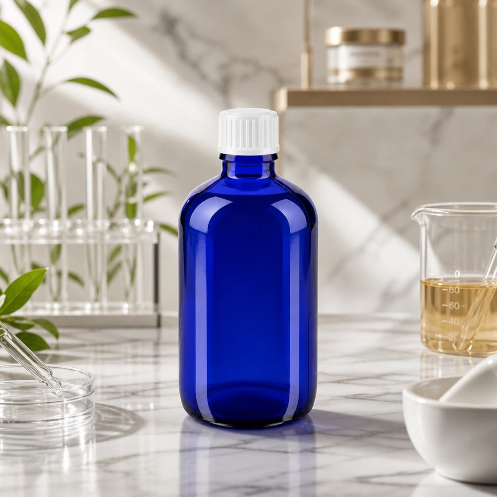 Lékárenská láhev modrá 100ml šroubovací uzávěr bílý globule standardní Kobaltblaues Medizinglas 100ml mit gerilltem Weißdeckel neben Becherglas und Pipette
